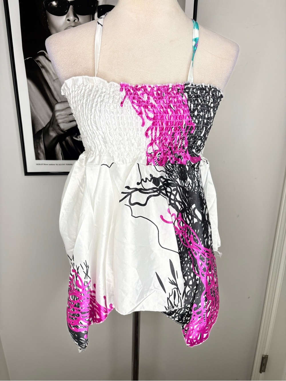 Women’s White Strapless Sundress with Pink & Black Print